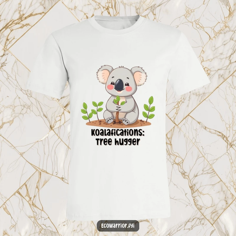 Funny Koala character happily planting a small tree with gentle hands, wearing a cheerful expression on a t-shirt.