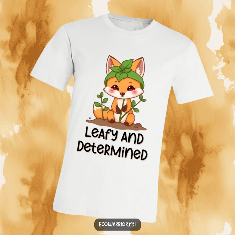 Funny Fox T-Shirt depicting a determined fox in a leaf helmet planting a sapling, promoting environmentalism.