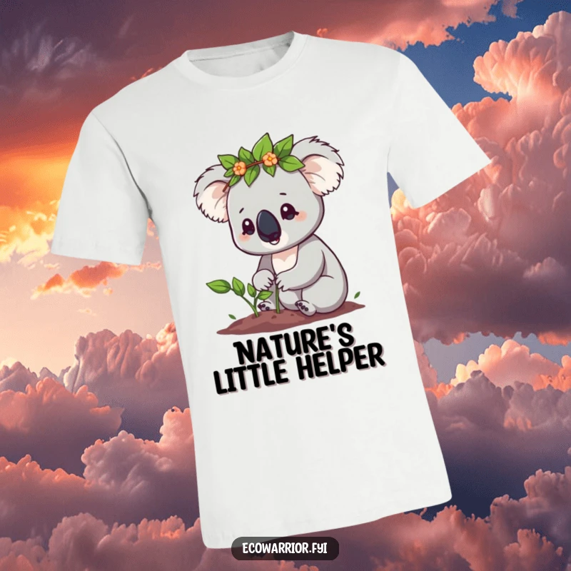 Funny Koala T-Shirt: A cute koala wearing a leaf crown is determinedly planting a tiny sapling, promoting environmentalism, a funny gift.