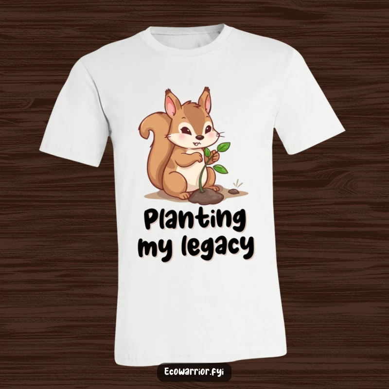 Funny Squirrel T-Shirt featuring a determined character planting a tiny sapling, symbolizing growth and environmental care with humor.