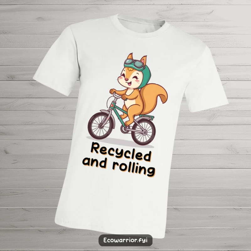 Funny squirrel t-shirt showcasing a playful squirrel riding a bicycle made of recycled materials with a happy smile.