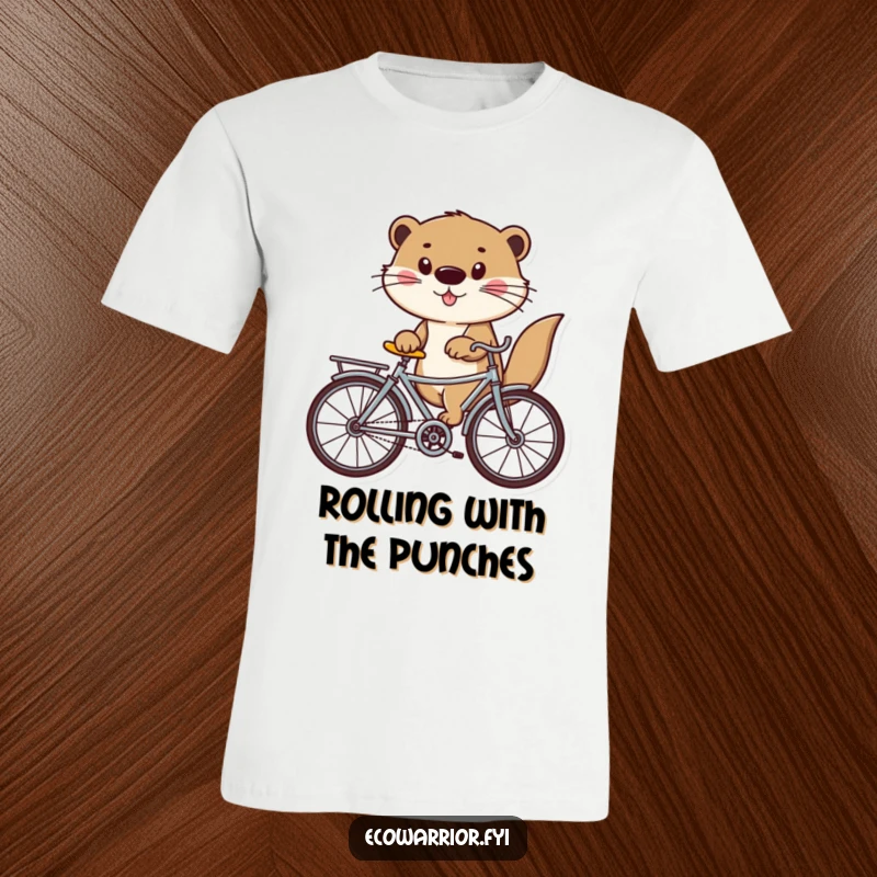 Funny otter on a recycled bicycle, depicted on a t-shirt, radiating joy and eco-friendly fun.