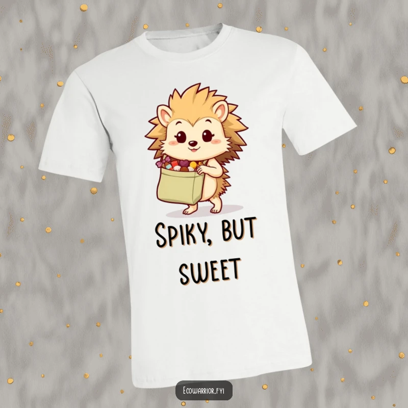 Funny hedgehog with a reusable bag full of treats on a t-shirt, symbolizing determined shopping and cute humor.