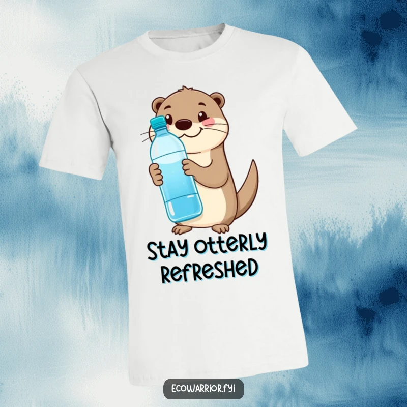 Funny otter t-shirt showcasing a happy otter holding a reusable water bottle, giving a thumbs up with a joyful grin.