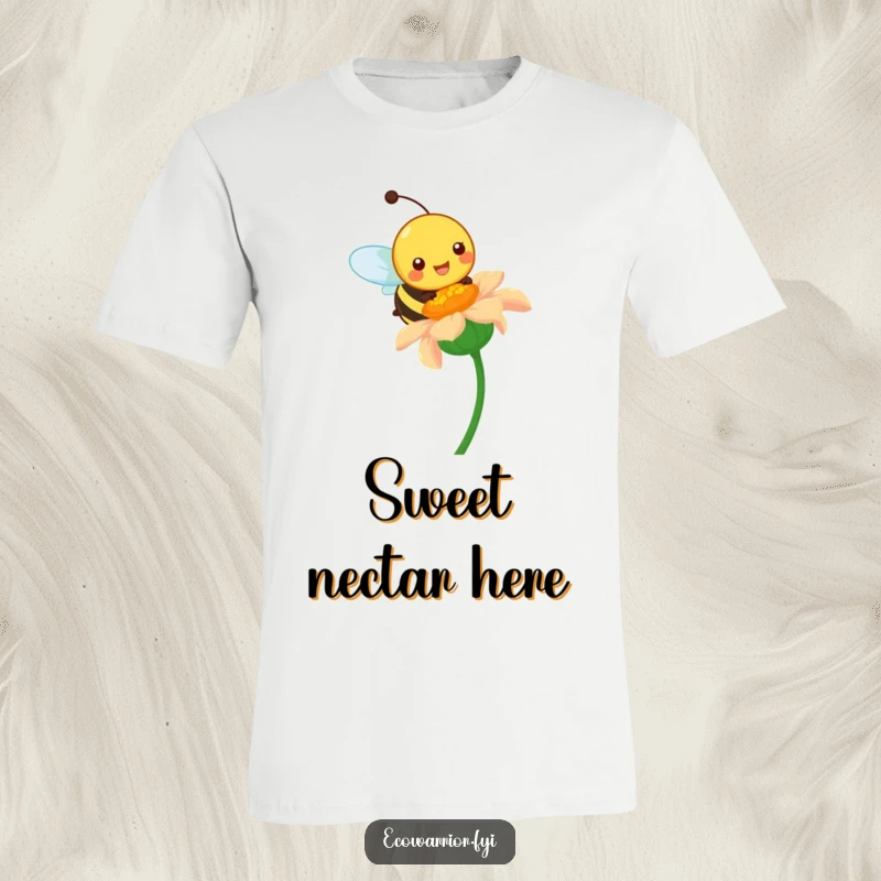 Funny t-shirt showing a happy bee pollinating a vibrant wildflower, celebrating nature's hustle with vibrant humor.