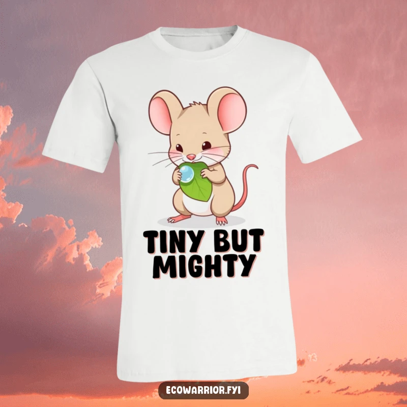 Funny T-Shirt depicting a timid mouse carefully transporting a single dewdrop on a leaf.