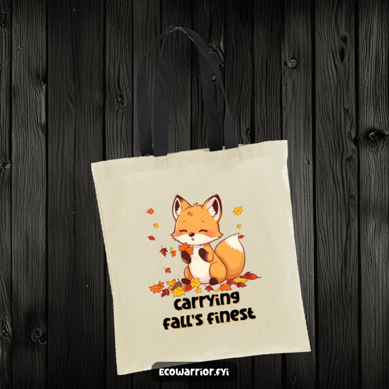 Funny Tote Bag showcasing a happy fox enthusiastically collecting a heap of colorful fall leaves.