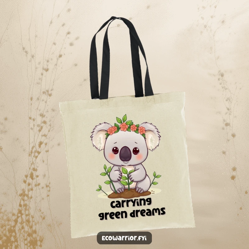 Funny koala tote bag featuring a cute koala with a leaf crown, determinedly planting a sapling, great for groceries.