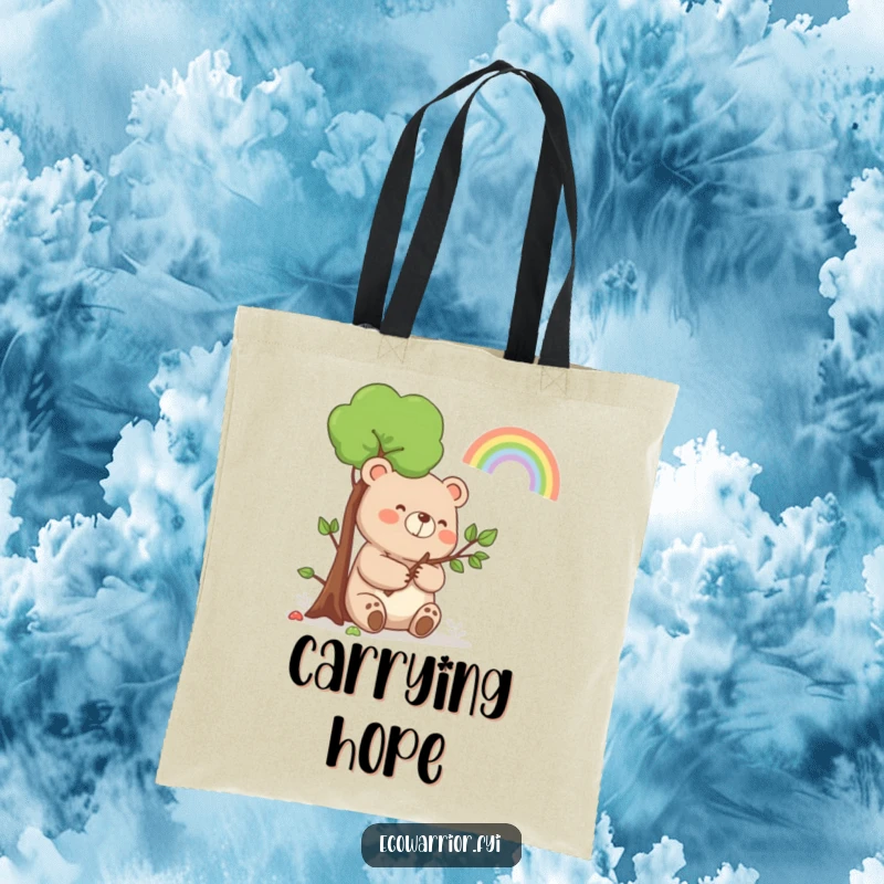 Funny Bear Rainbow Tote Bag: A happy bear holding a sapling, smiling at a rainbow, a charming nature accessory.