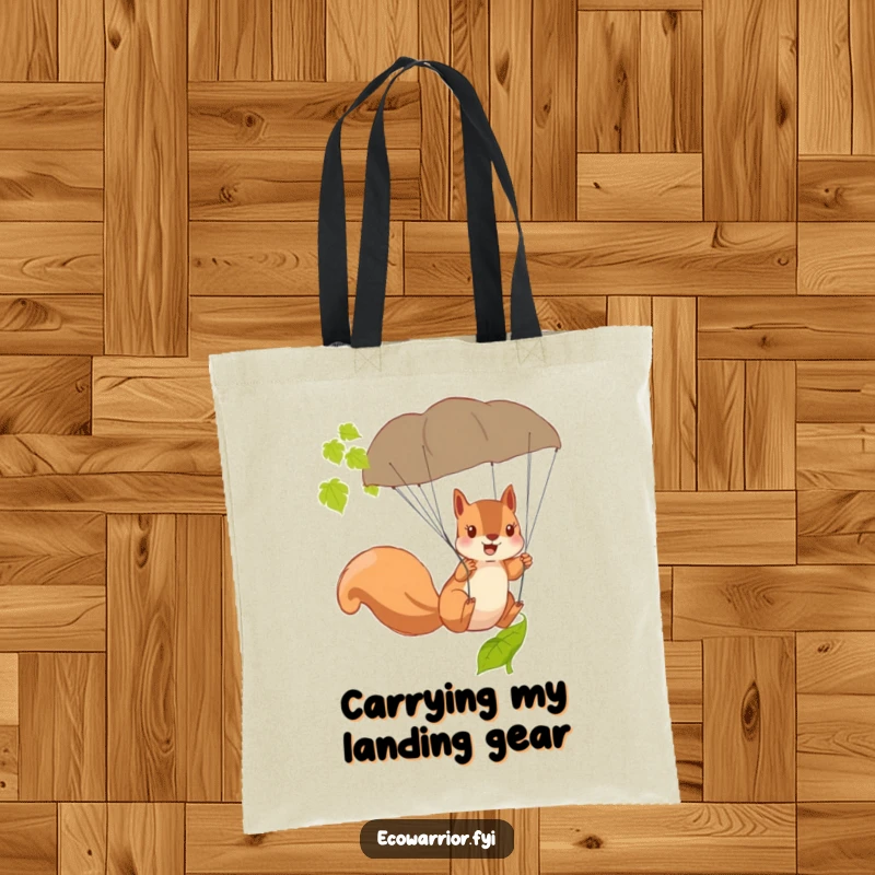 Funny Squirrel Tote Bag with a brave squirrel using a fallen leaf as a parachute, ready for any journey.