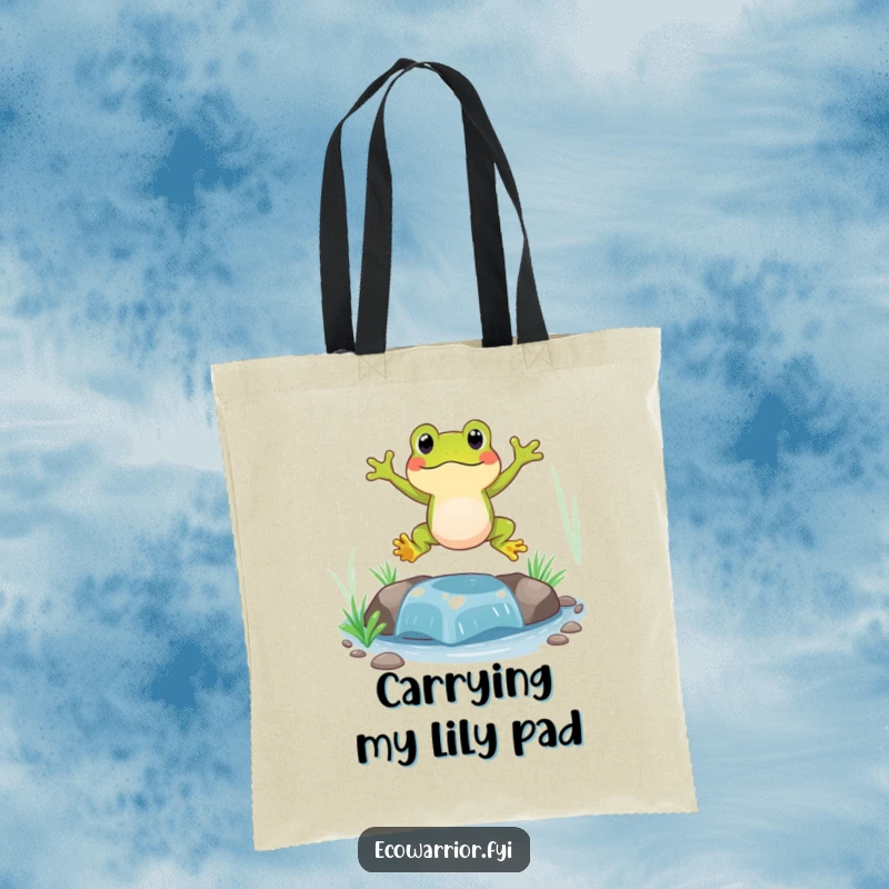 Funny Frog Tote Bag illustrating a spirited frog leaping energetically over a clean, clear stream, perfect for everyday humor.