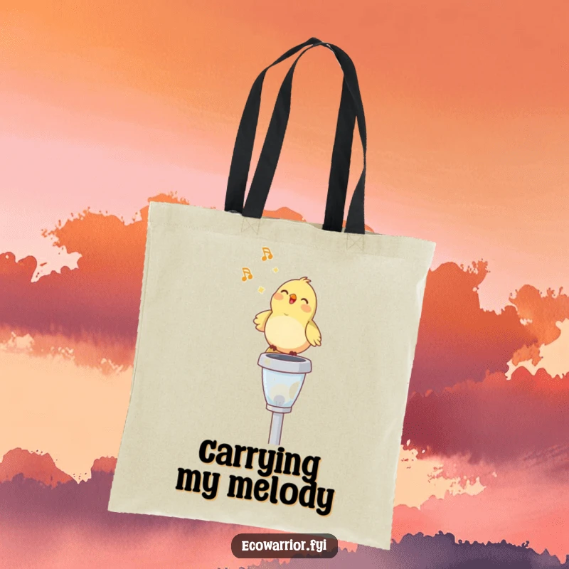Funny tote bag showcasing a happy bird singing on a solar garden light, perfect for carrying essentials with a splash of humorous cheer.