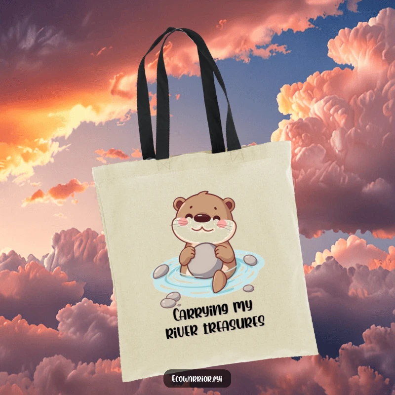Funny tote bag showcasing a happy otter swimming, clutching a favorite stone, a stylish and humorous accessory.