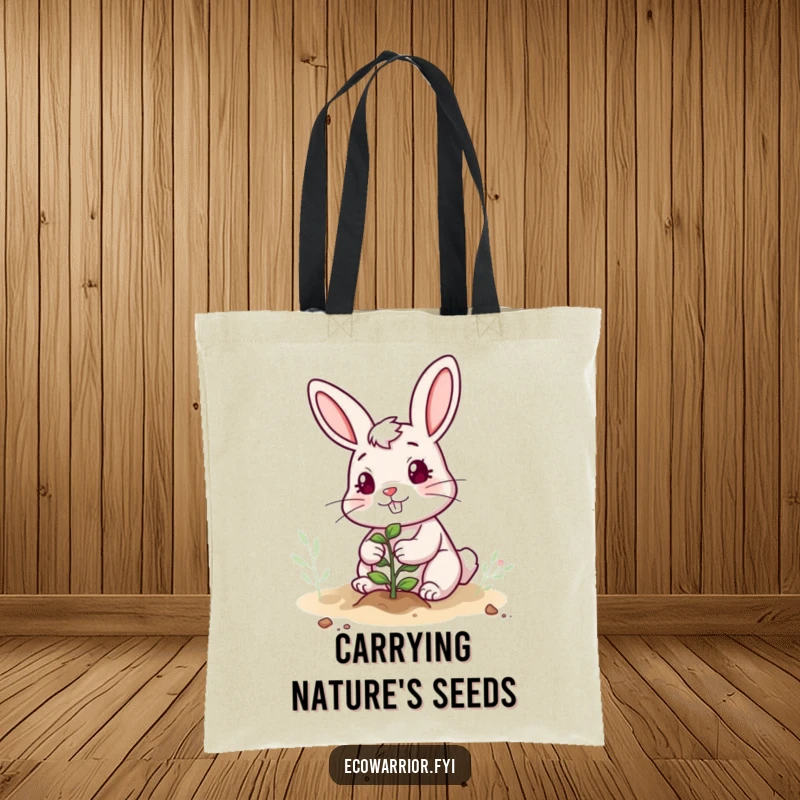 Funny tote bag featuring a cheerful, determined rabbit character planting a sapling, ideal for carrying groceries with a smile.