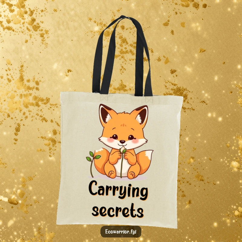 Funny fox tote bag, hands clasped behind its back, keenly observing a sprouting seed, perfect for learners.