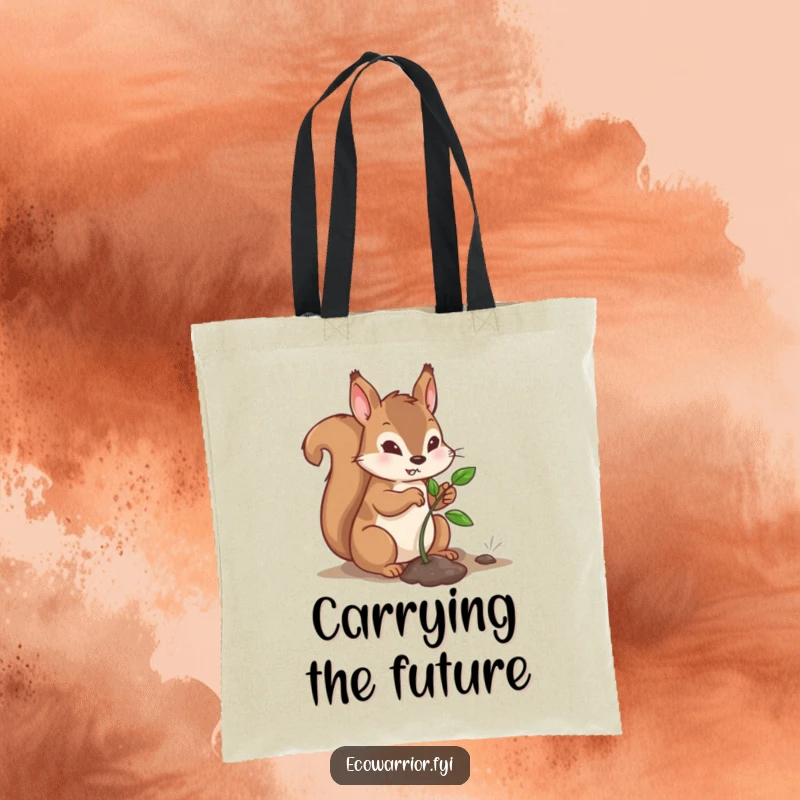 Funny Squirrel Tote Bag featuring a determined character planting a sapling, perfect for carrying essentials with an eco-conscious, humorous touch.