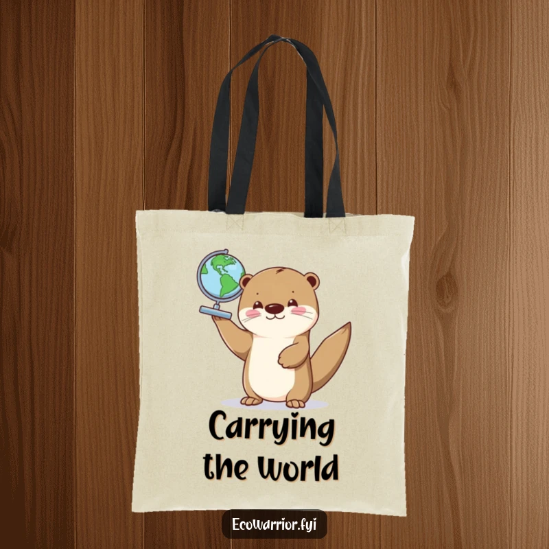 Funny tote bag featuring a proud otter carrying a small globe, perfect for eco-conscious shoppers and travel lovers.