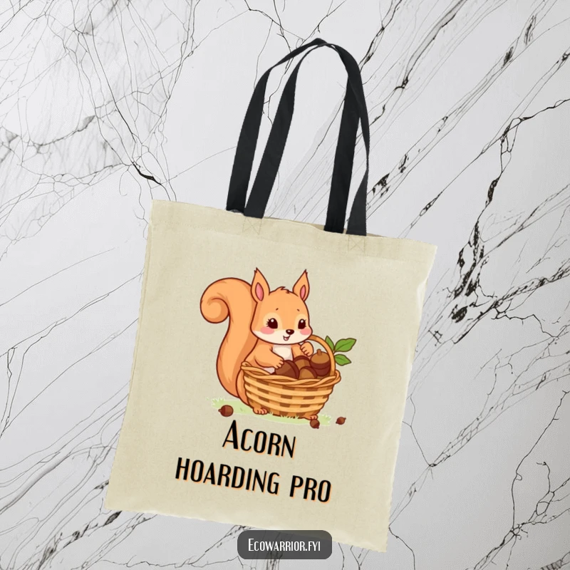 Funny tote bag featuring a playful squirrel gathering acorns into a basket, perfect for carrying groceries or found treasures.