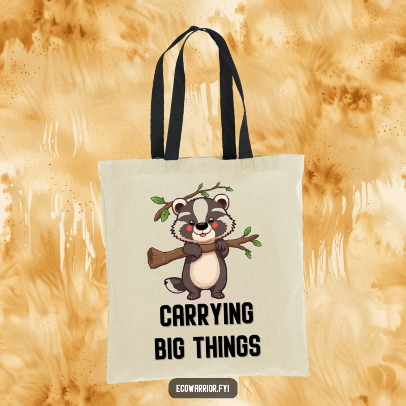 Funny tote bag featuring a strong badger character lifting a fallen branch, perfect for carrying essentials with strength humor.