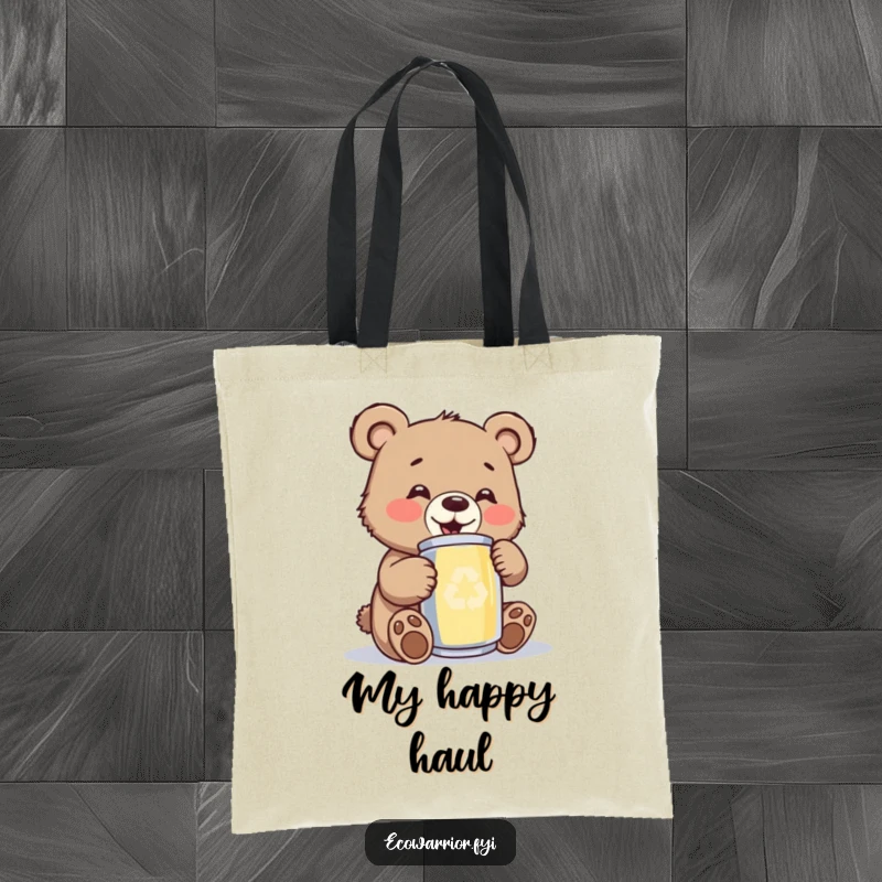 Funny bear cub tote bag, illustrating a cheerful cub diligently polishing a shiny recycled aluminum can with obvious glee.