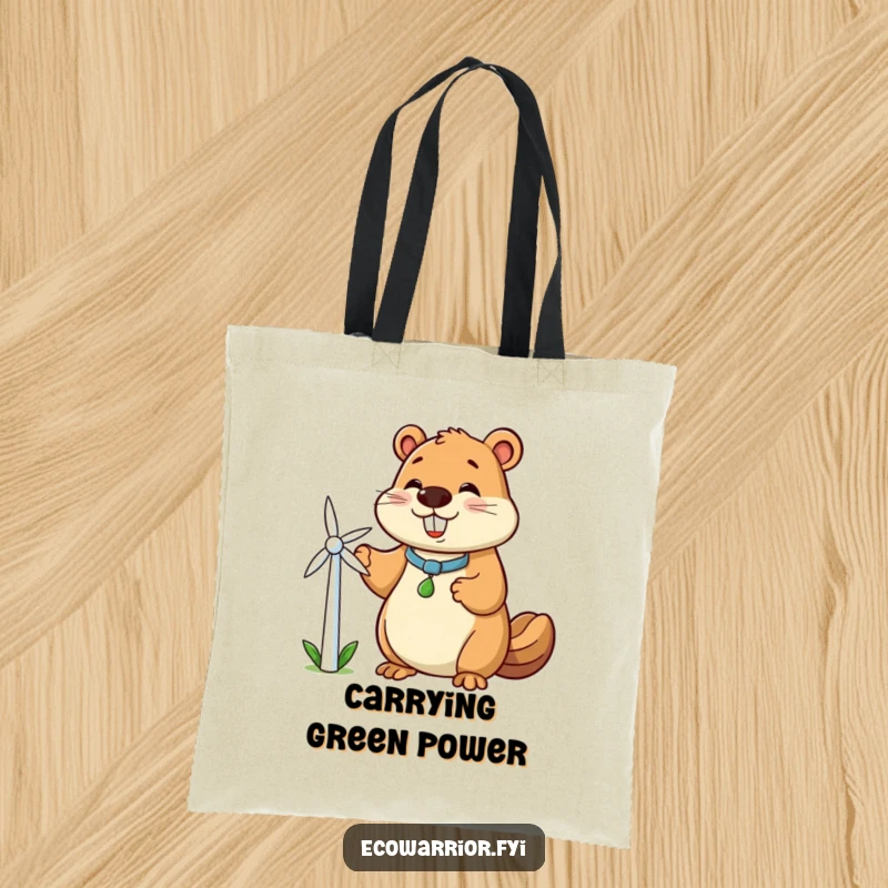 Funny beaver tote bag with a smiling beaver character holding a small windmill, promoting clean energy in a charming and humorous way.