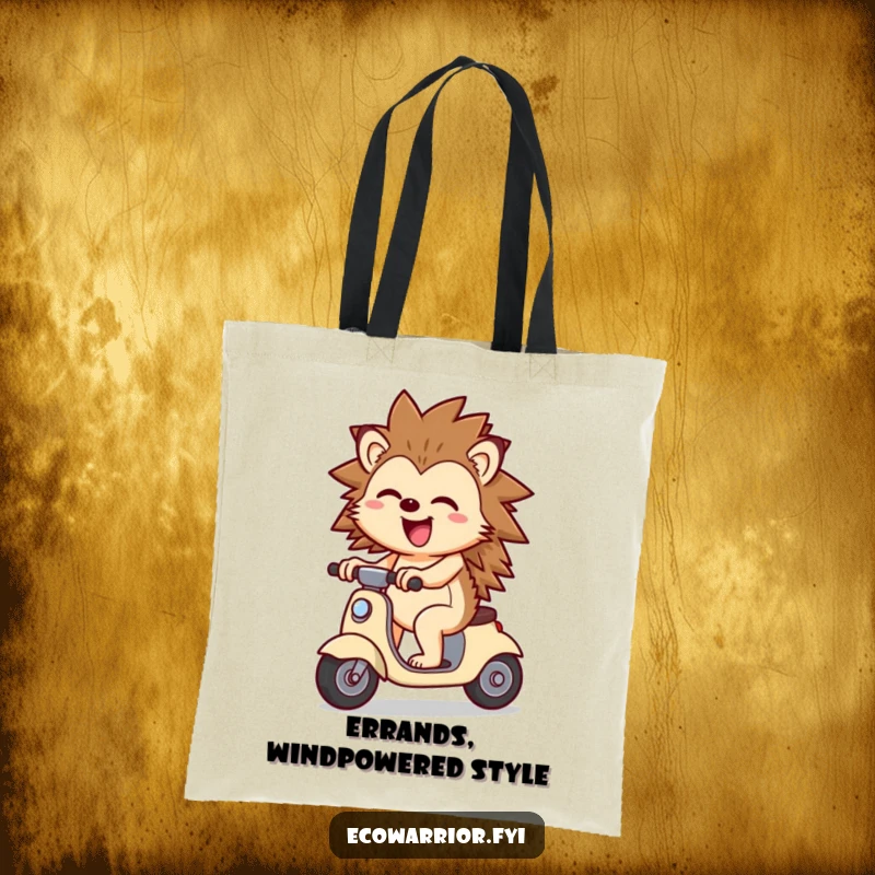 Funny Cheerful Hedgehog Scooter Tote Bag: A cheerful hedgehog riding a wind scooter, looking joyful, a practical and fun bag.