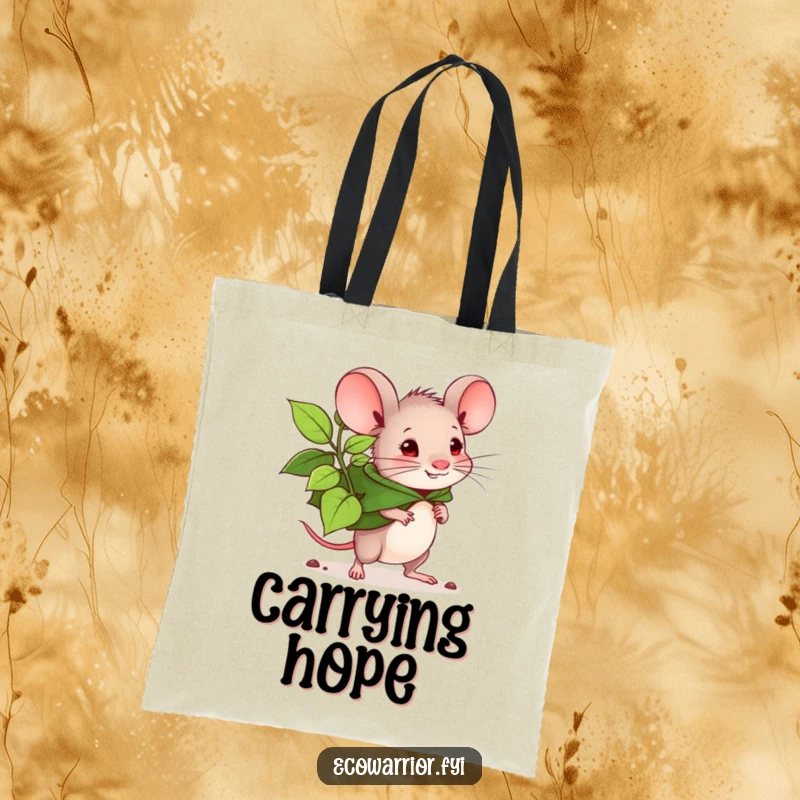 Funny mouse planter tote bag, determined mouse with leaf cape carrying a large seedling. A symbol of purpose and nature. Perfect.