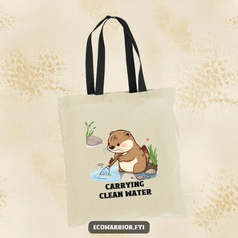 Funny tote bag with a diligent otter character showing focused glee while cleaning a riverbank, perfect for carrying essentials.