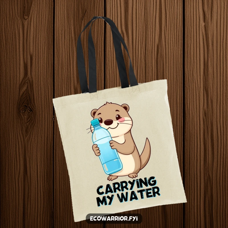 Funny otter tote bag featuring a happy otter holding a reusable bottle, giving a thumbs up, great for shopping.