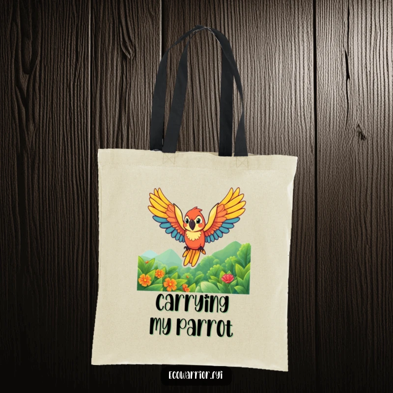 Funny parrot tote bag featuring a vibrant character soaring with wings spread wide over a lush, green landscape, perfect for carrying items.