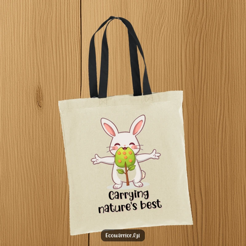 Funny rabbit character joyfully hugging a small sapling, depicted on an eco-friendly tote bag for nature lovers.
