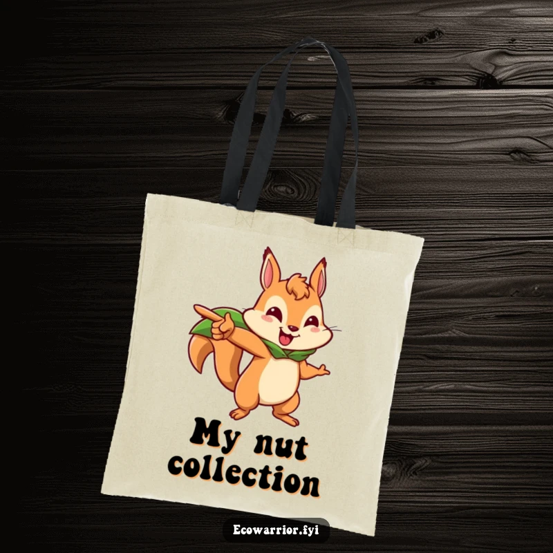 Funny squirrel tote bag featuring a brave squirrel character in a leaf cape pointing forward, ideal for carrying essentials on adventures.