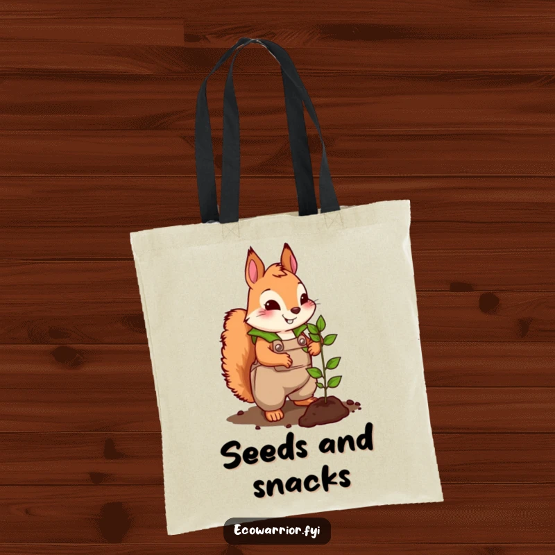 Funny tote bag featuring a cute squirrel wearing large, leafy overalls, energetically planting a tiny seedling.