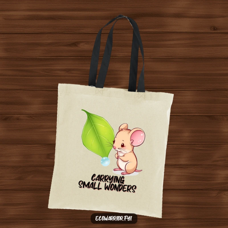 Funny tote bag featuring a curious mouse examining a dewdrop on a leaf, perfect for carrying daily essentials with wonder.