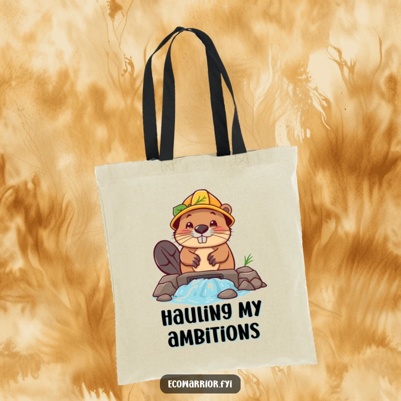 Funny Beaver Builder Tote Bag: A determined beaver wearing a leaf hard hat builds a dam, ready for any task.