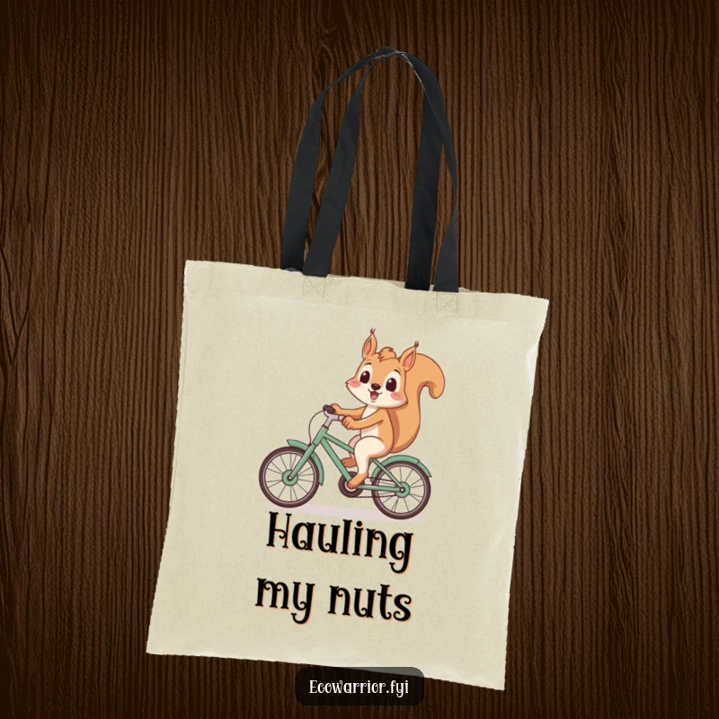Funny Squirrel Tote Bag: Playful squirrel smiling on a recycled material bicycle, perfect for eco-conscious adventurers, a funny gift.