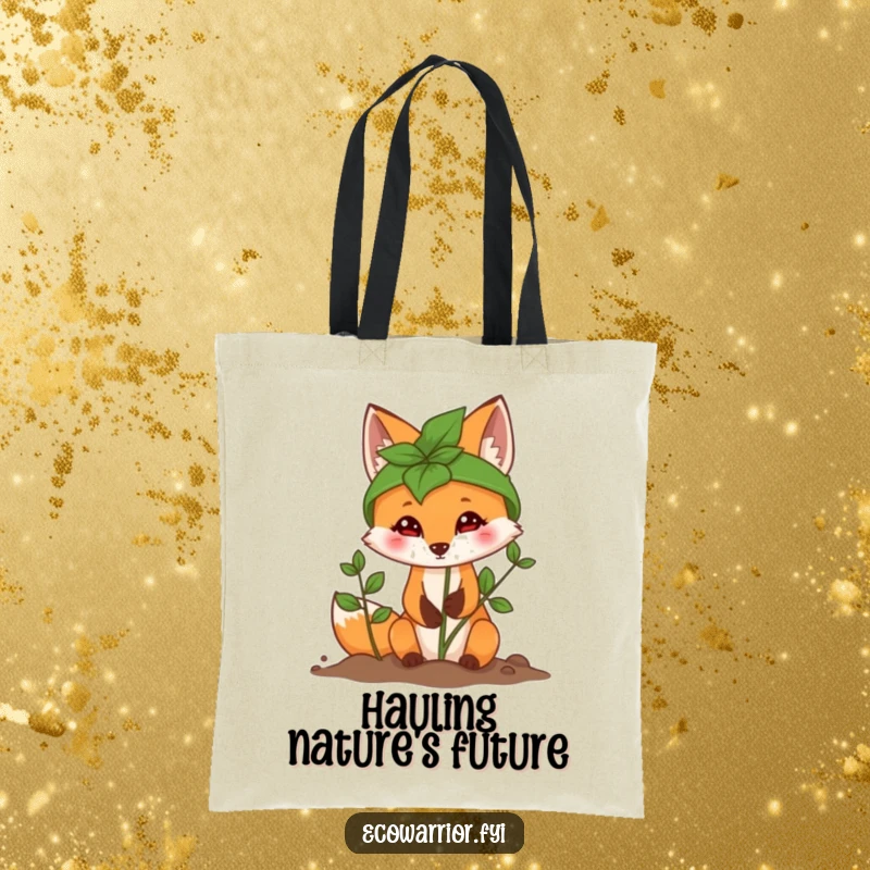 Funny Fox Tote Bag with a determined fox in a leaf helmet planting a sapling, promoting sustainability.