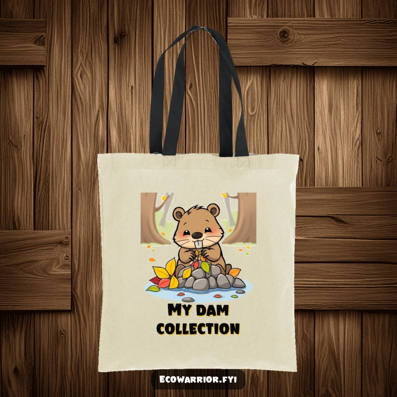 Funny beaver character busily building a small dam with colorful leaves, depicted on a tote bag for project lovers.