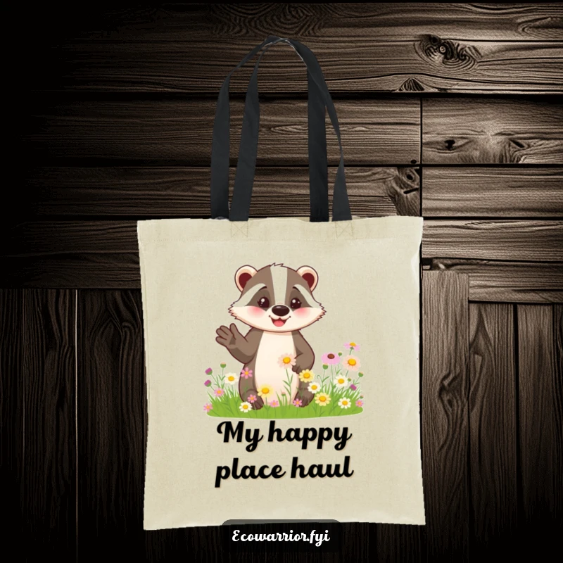 Funny tote bag with a smiling badger indicating a field of wildflowers, a practical and humorous accessory.