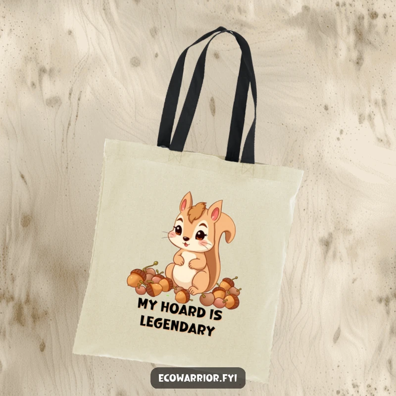 Funny determined squirrel collecting acorns with focus, depicted on a practical tote bag.