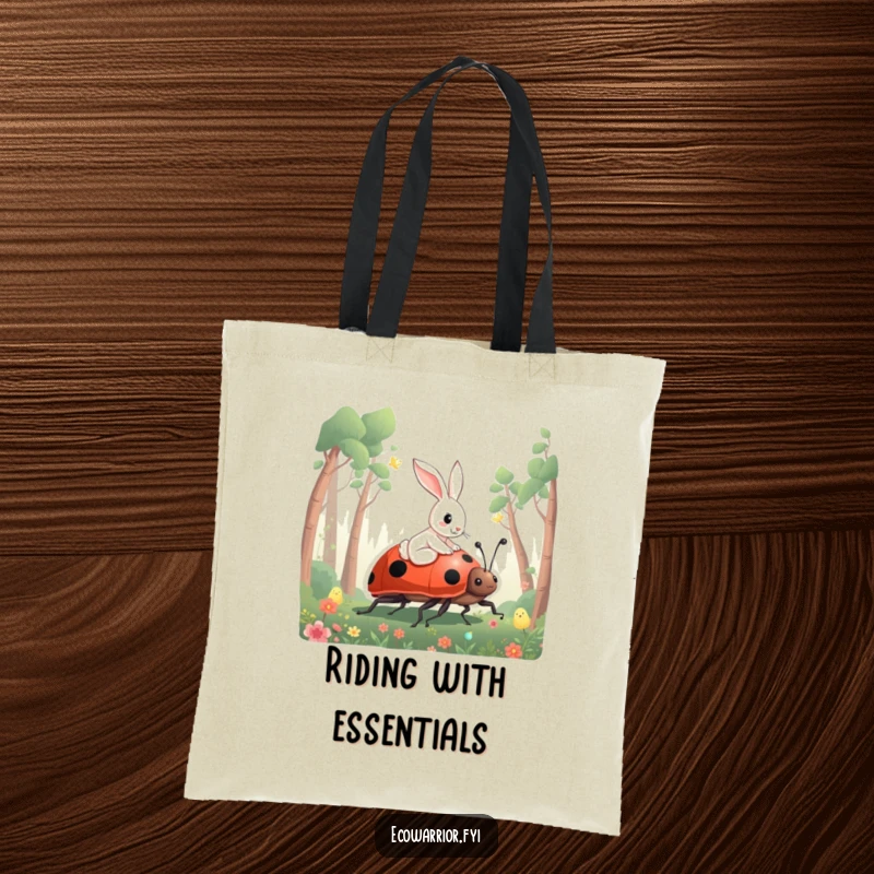 Funny Rabbit Ladybug Tote Bag with a curious rabbit riding a giant ladybug through a forest, perfect for errands.